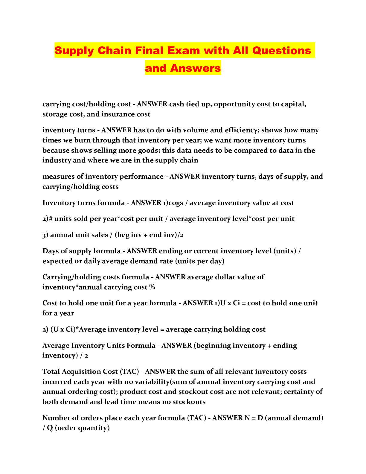 Supply Chain Final Exam with All Questions and Answers Browsegrades